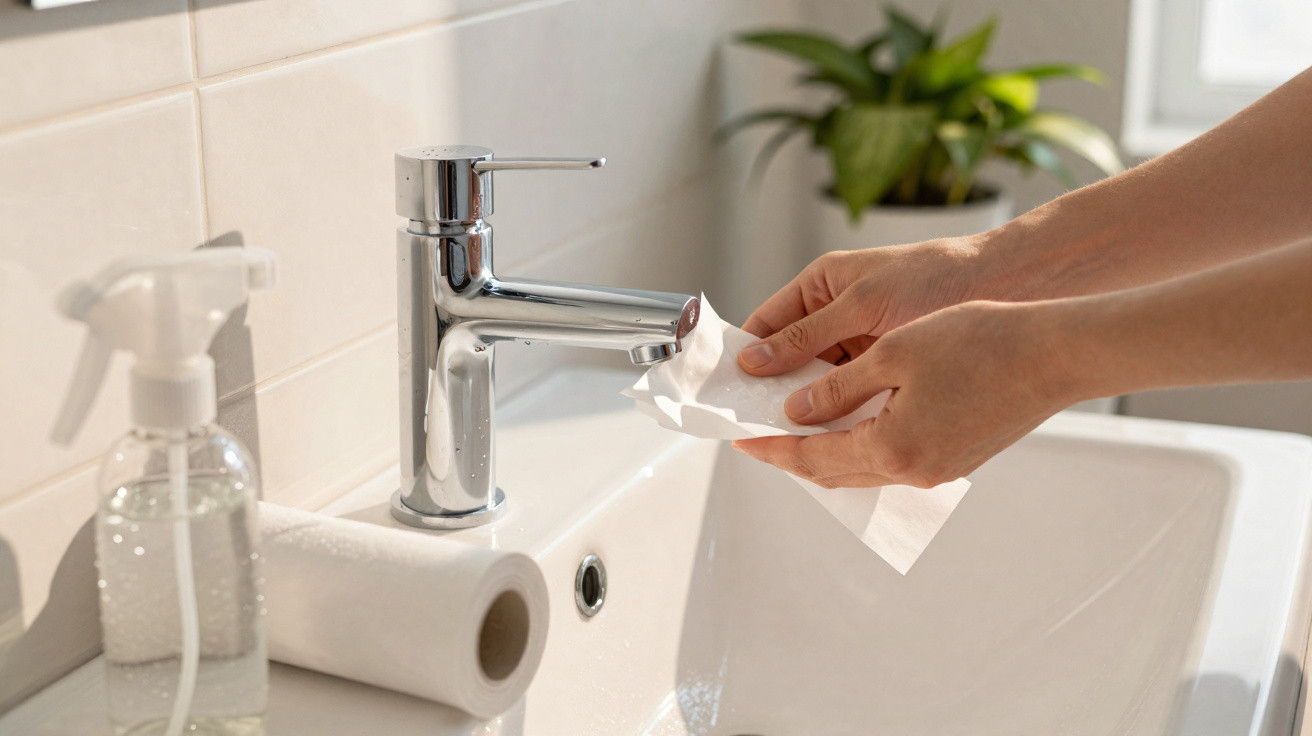 Mãos secando água da torneira com papel toalha ao lado de dispenser e rolo de papel em pia branca.