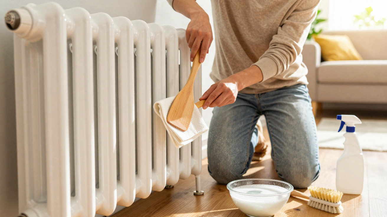 Pessoa limpando aquecedor branco com pano, espátula de madeira e materiais de limpeza no chão.