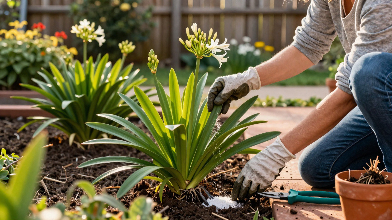 Pessoa com luvas aplicando fertilizante em planta florida branca em jardim ensolarado.