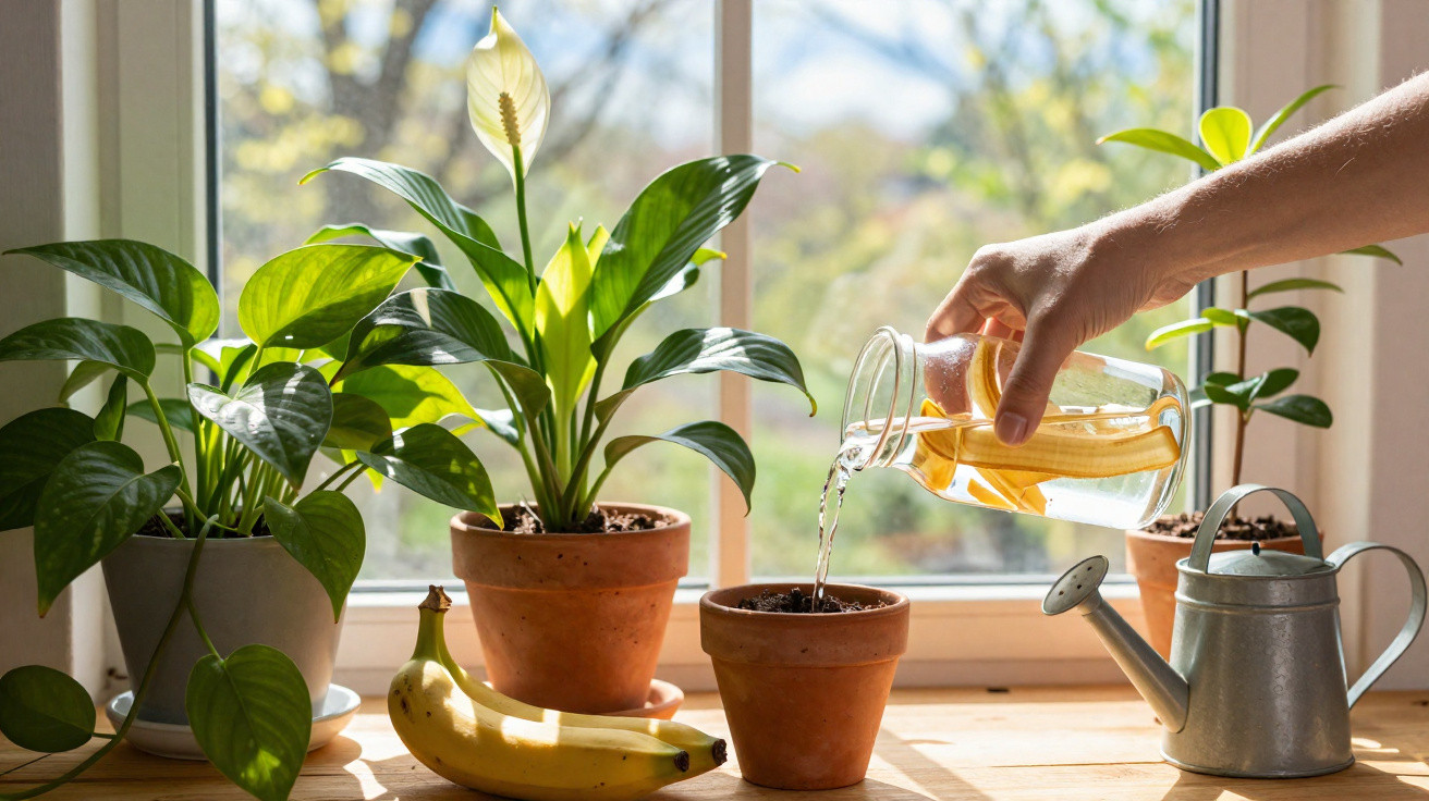 Mão regando planta em vaso em peitoril de janela com várias plantas e uma banana ao lado.