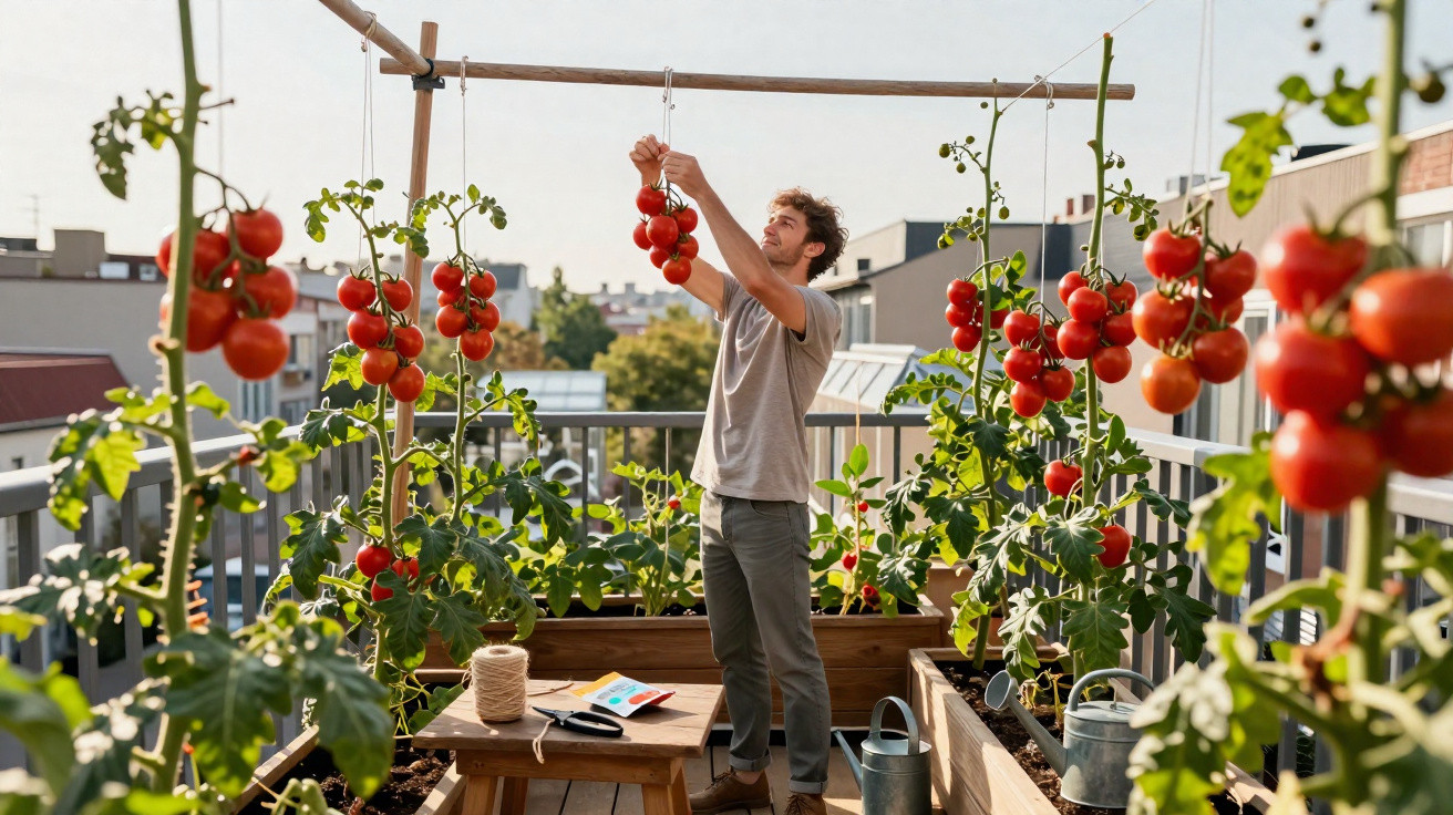 Homem colhendo tomates vermelhos em vasos suspensos em varanda urbana ensolarada.