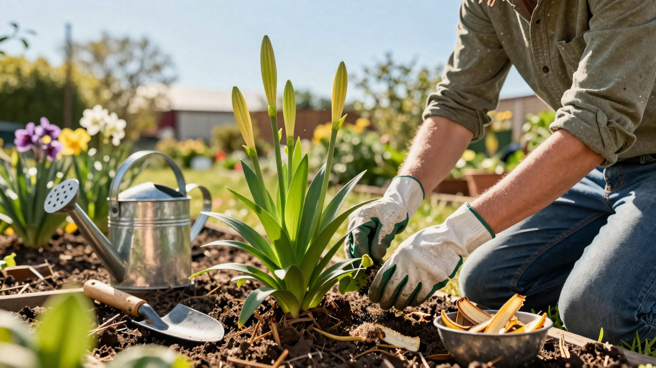 Pessoa com luvas cuidando de plantas em jardim com regador e pá ao redor em dia ensolarado.
