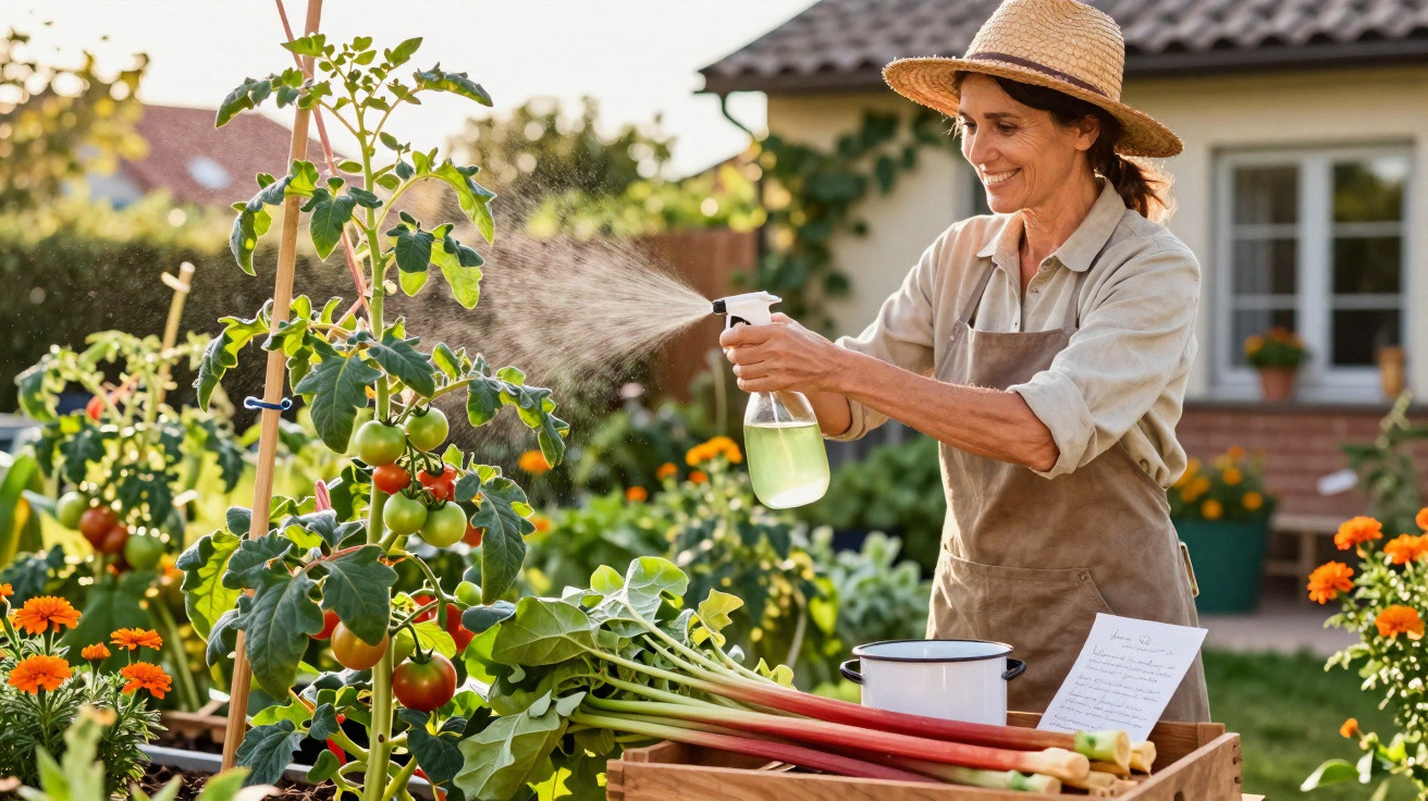 Mulher regando planta de tomate em jardim ensolarado com flores e hortaliças ao redor.