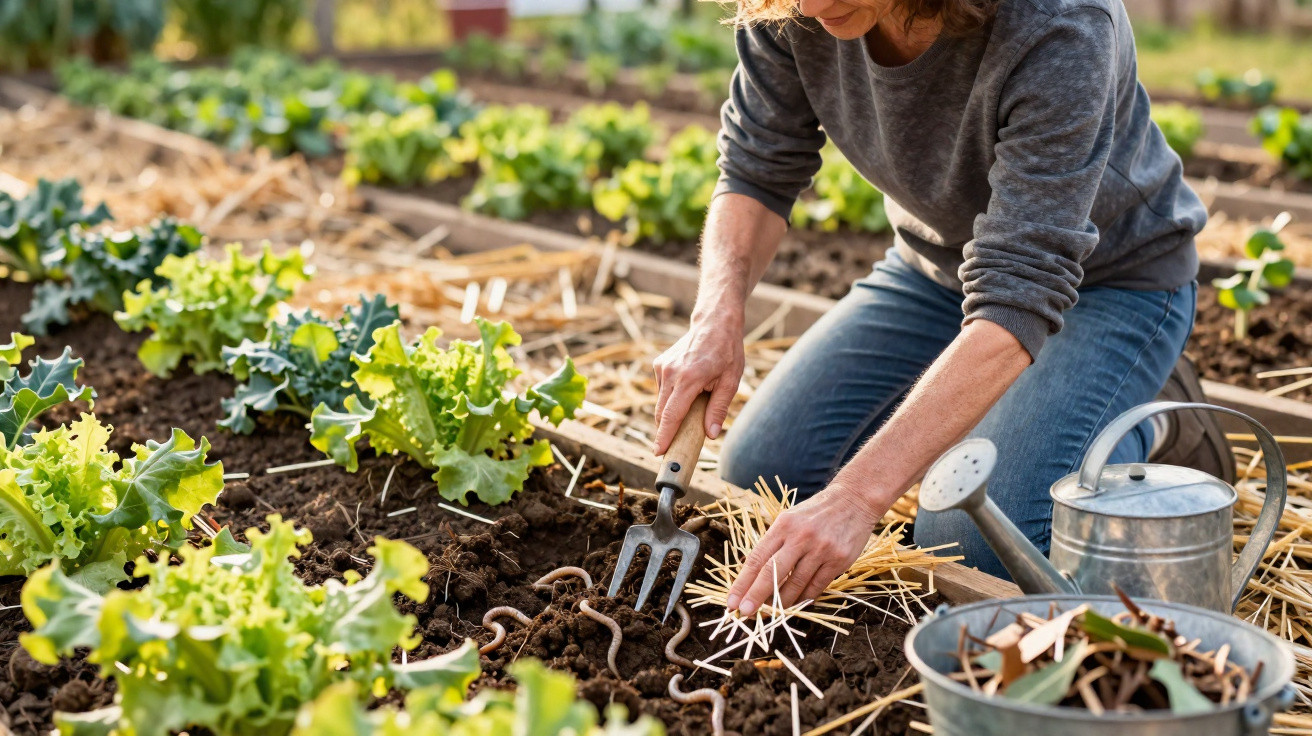 Pessoa cuidando da terra em horta, usando garfo de jardinagem e com regador ao lado.