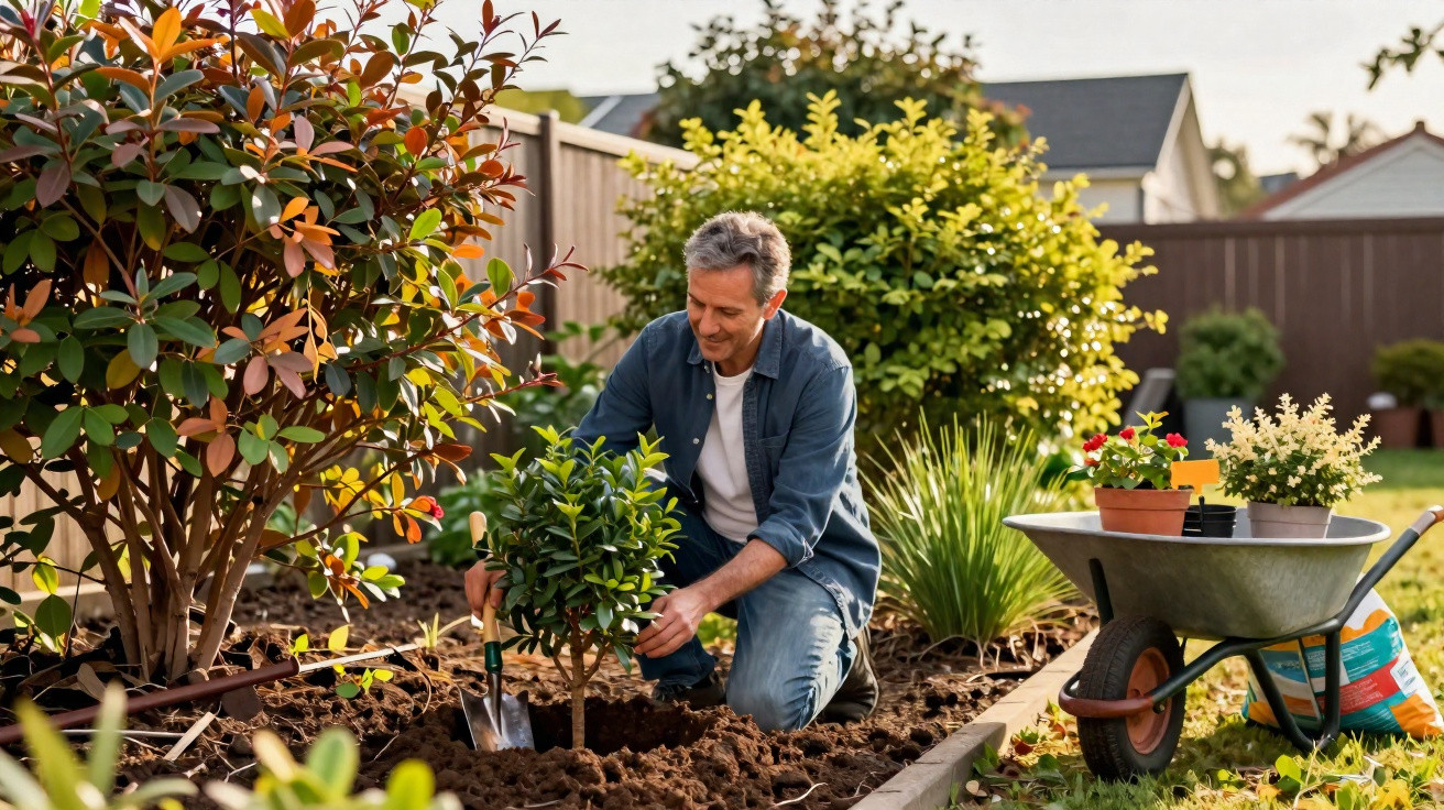 Homem plantando árvore em jardim ensolarado com carrinho de mão ao lado cheio de plantas e ferramentas.