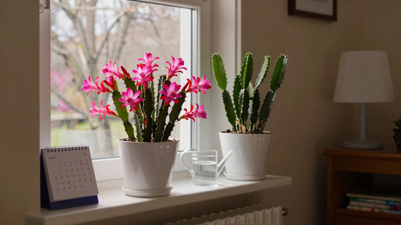 Dois vasos com cactos, um florido em rosa, em parapeito de janela, ao lado de calendário e regador.