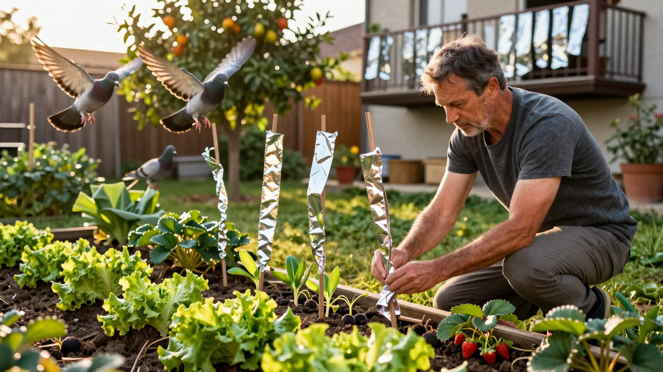 Homem cuidando de plantas em horta caseira enquanto pombos voam ao fundo em jardim ensolarado.