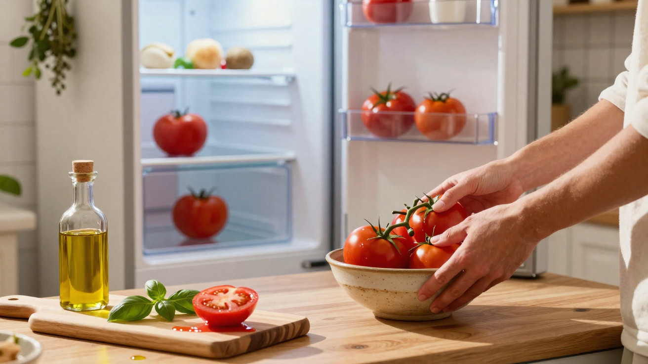 Pessoa pega tomates em uma tigela com mais tomates, azeite e manjericão em bancada próximo à geladeira aberta.