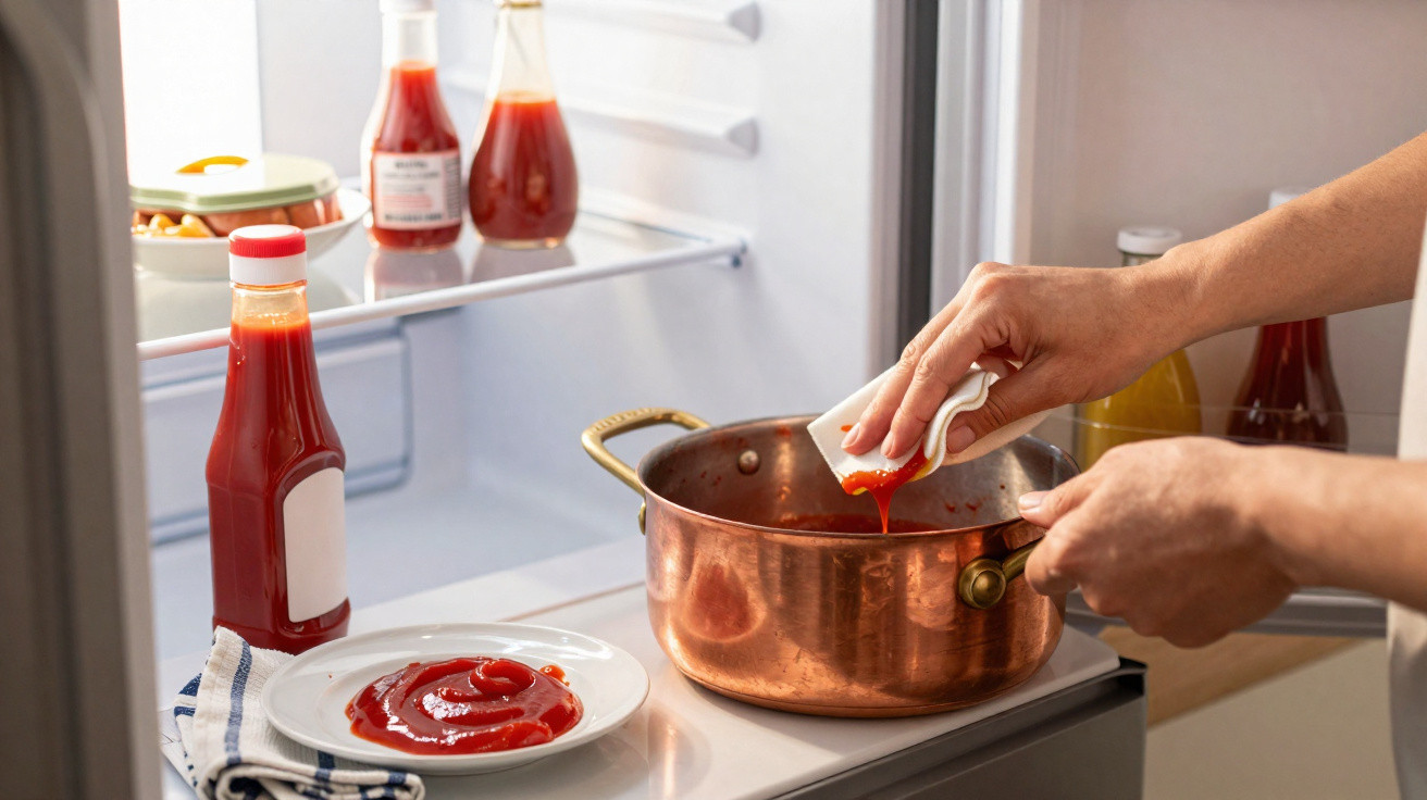 Pessoa despejando ketchup de um sachê em panela de cobre dentro de geladeira aberta.