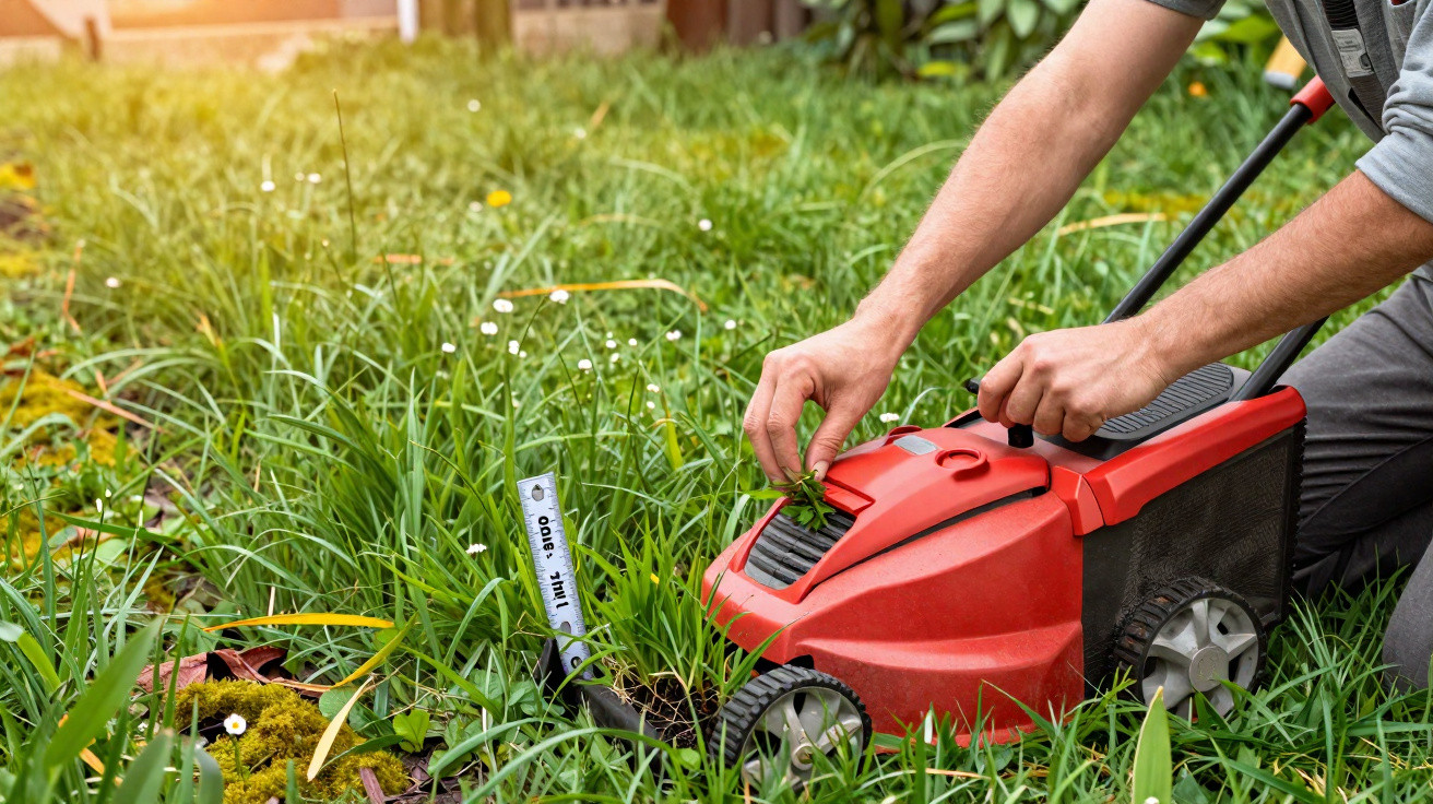 Pessoa ajustando grama presa no cortador de grama vermelho em jardim com vegetação alta e flores pequenas.