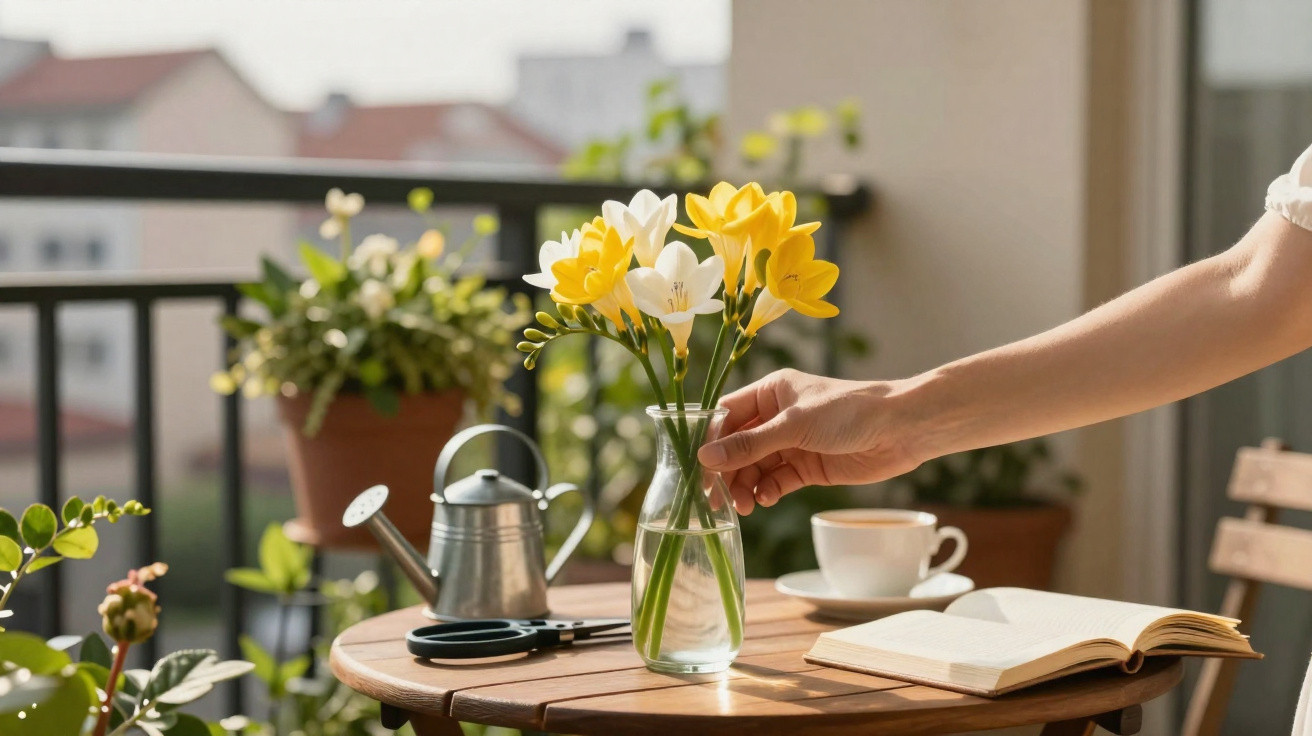 Mão arrumando flores amarelas e brancas em vaso sobre mesa com livro aberto, xícara e regador na varanda.