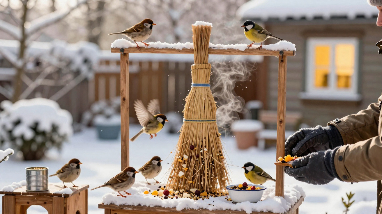 Pássaros alimentando-se em comedouro de madeira com neve e pessoa servindo sementes ao ar livre no inverno.