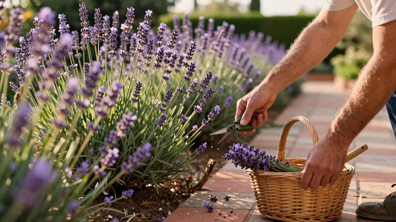 Pessoa colhendo flores de lavanda com tesoura e colocando em cesta de vime ao ar livre.