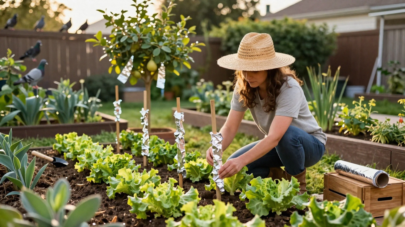 Mulher com chapéu cultivando alface em horta caseira ensolarada com árvores frutíferas ao fundo.