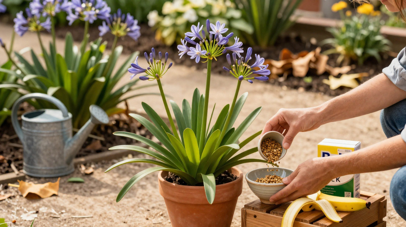 Pessoa colocando sementes em tigela ao lado de planta com flores roxas em vaso de barro no jardim.