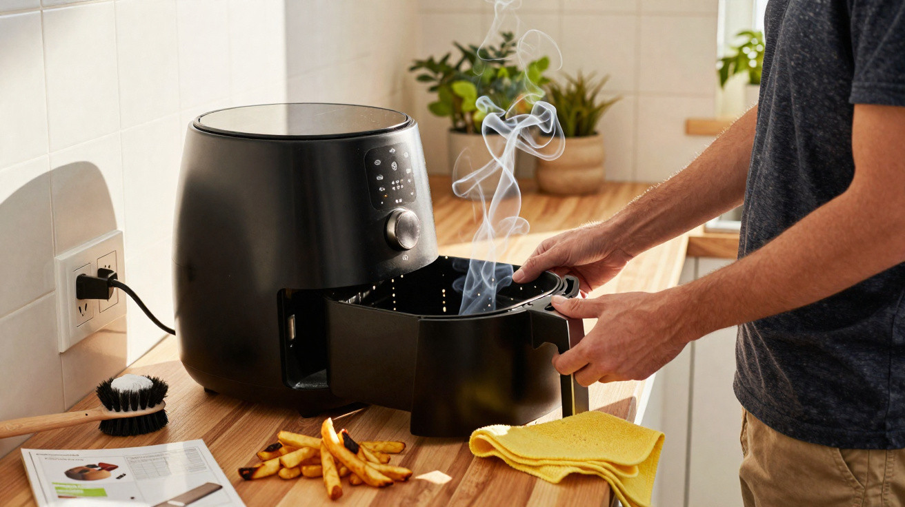 Pessoa retirando batatas fritas quentes e fumegantes de uma air fryer preta na cozinha.