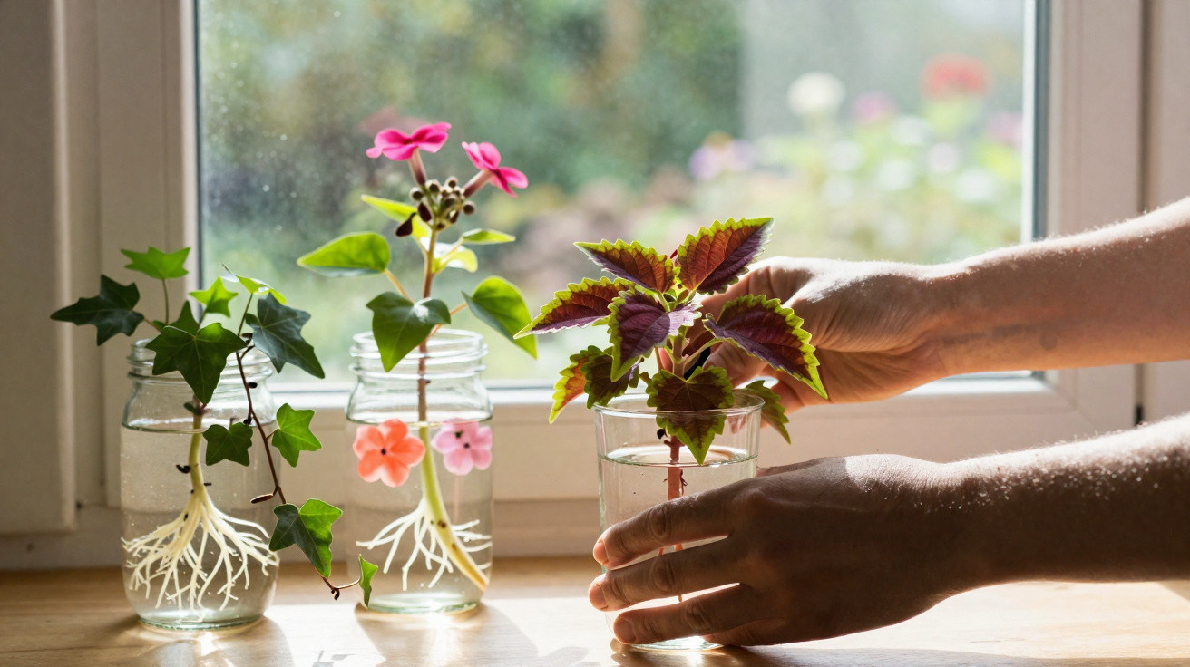 Plantas com raízes em frascos de vidro na janela, mãos segurando uma com folhas coloridas.