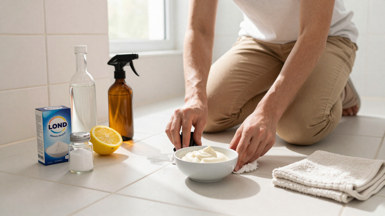 Pessoa limpando chão com pano e ingredientes naturais como limão, vinagre, bicarbonato e spray caseiro.