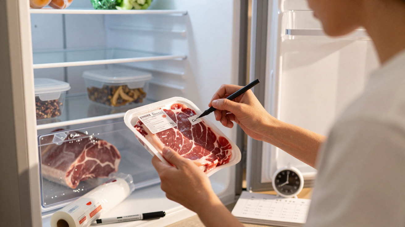 Pessoa escrevendo na embalagem de carne vermelha próxima à geladeira aberta com alimentos dentro.