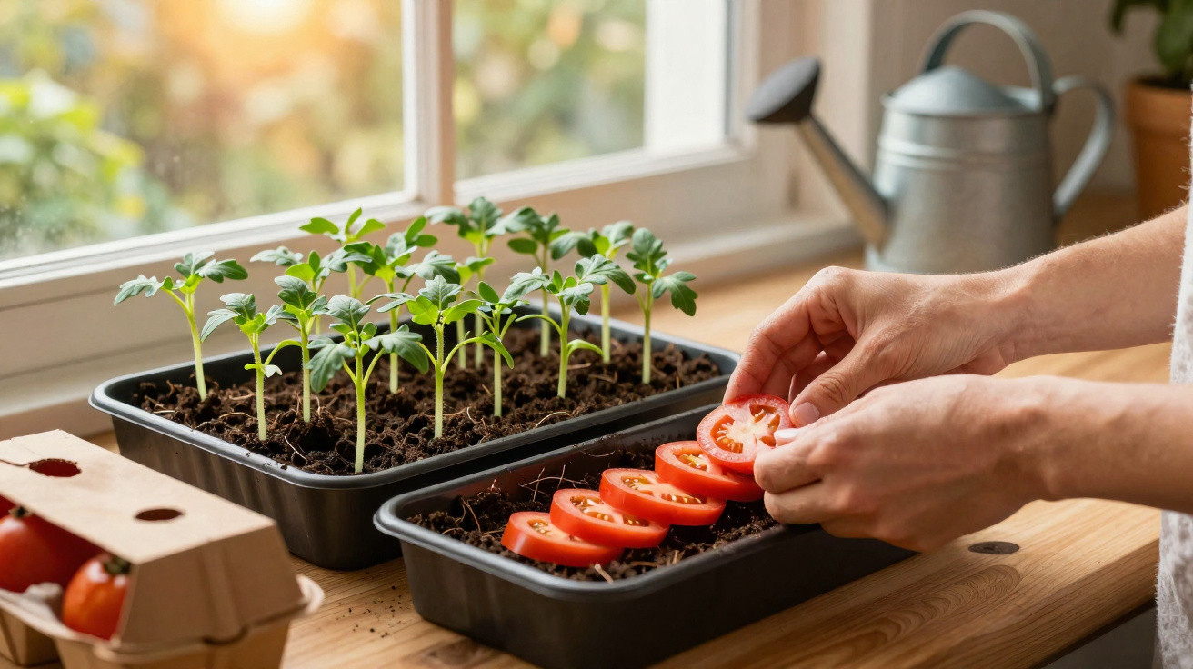 Mãos colocando fatias de tomate em bandeja com terra ao lado de mudas verdes em janela ensolarada.