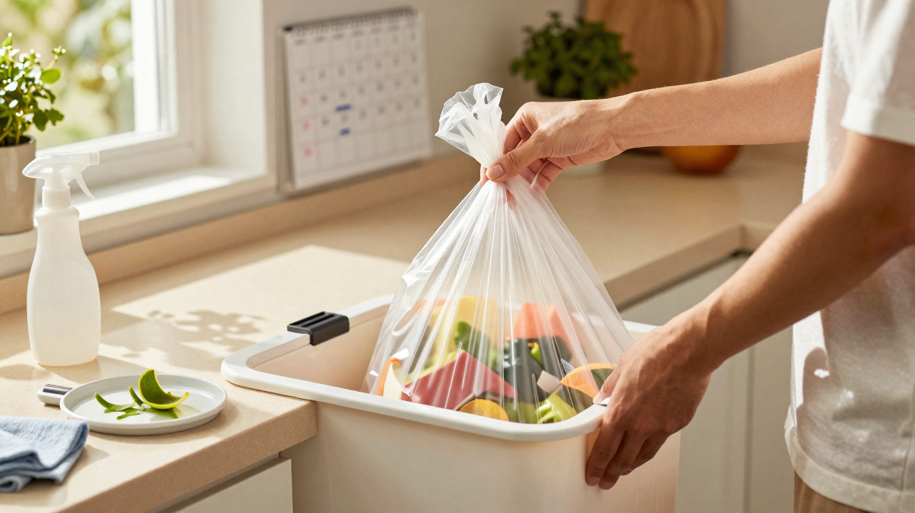 Pessoa descartando sacola transparente com restos de alimentos em lixeira de cozinha clara.