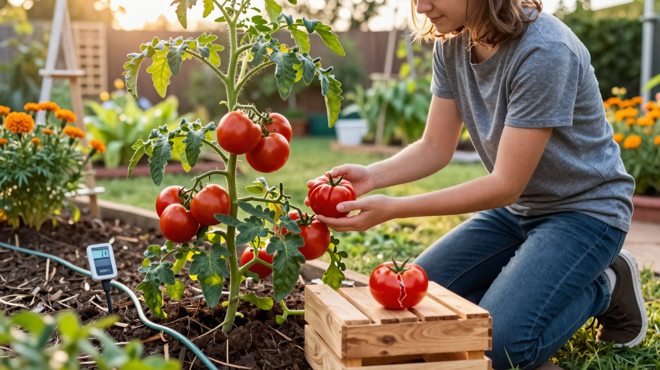 Criança colhendo tomates maduros em jardim ensolarado perto de caixa de madeira e flores.