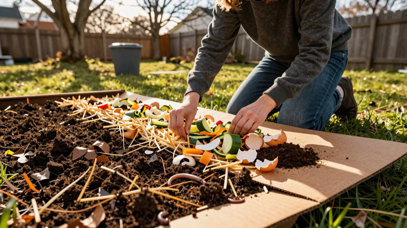 Pessoa organizando restos de alimentos e terra sobre papelão em jardim ao ar livre.