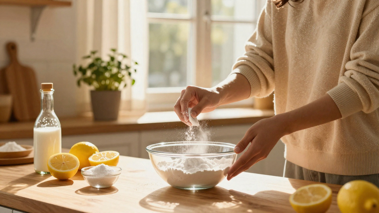 Pessoa adicionando ingrediente em tigela com farinha, limões cortados, vidro de leite e planta na cozinha iluminada.