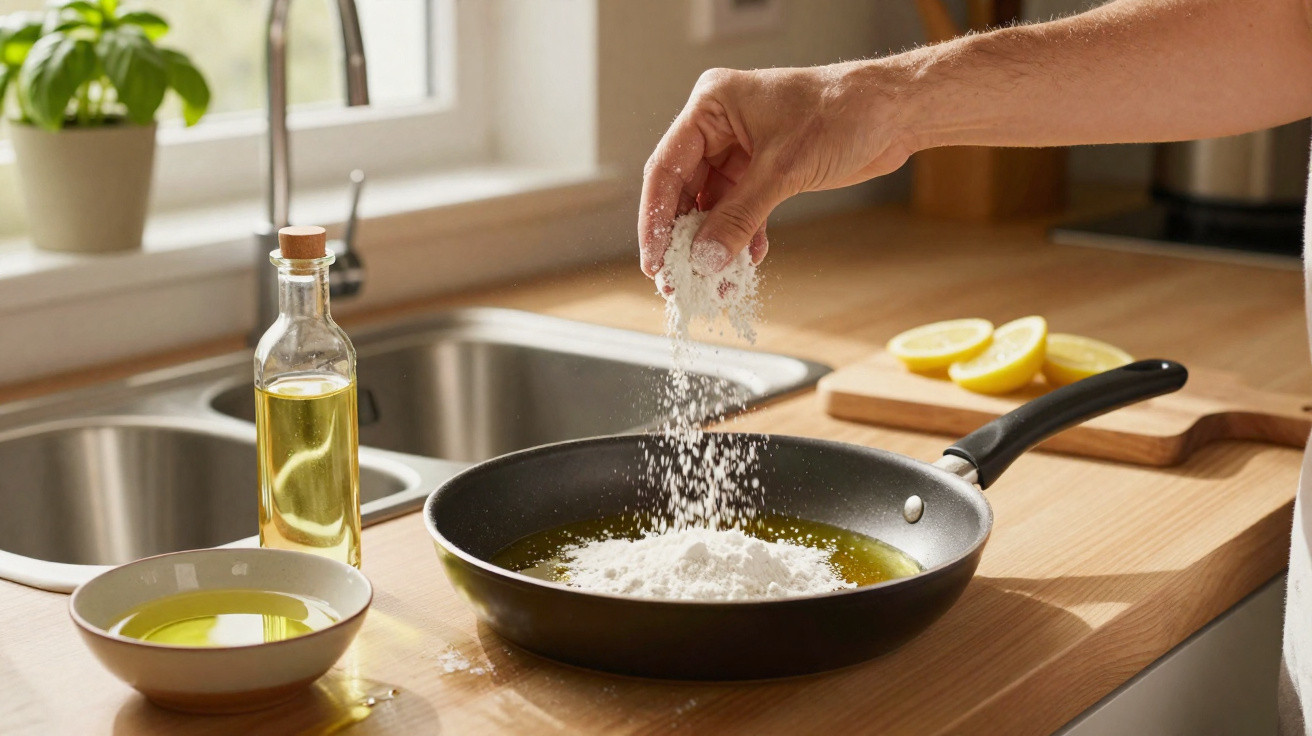 Mão adicionando sal à frigideira com óleo em bancada de cozinha iluminada por luz natural.