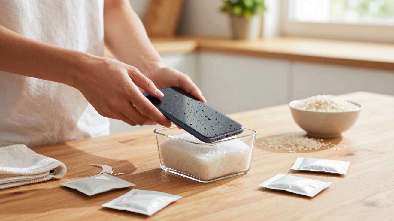 Pessoa colocando celular molhado em recipiente com arroz para secar em cozinha iluminada.