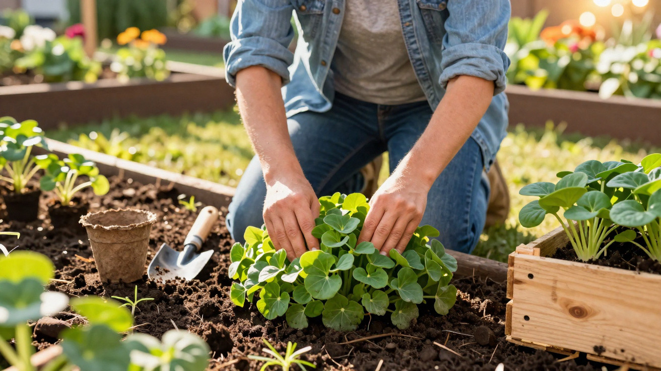 Pessoa plantando muda em jardim com ferramenta e caixa de madeira ao lado em área externa.