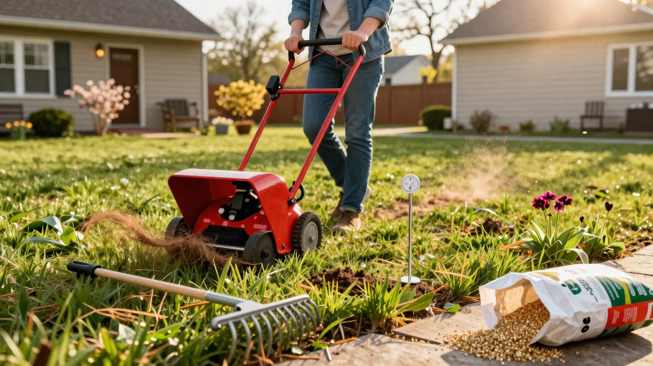 Pessoa usando arejador de jardim vermelho em canteiro com plantas e terra, com ancinho e saco de fertilizante ao lado.