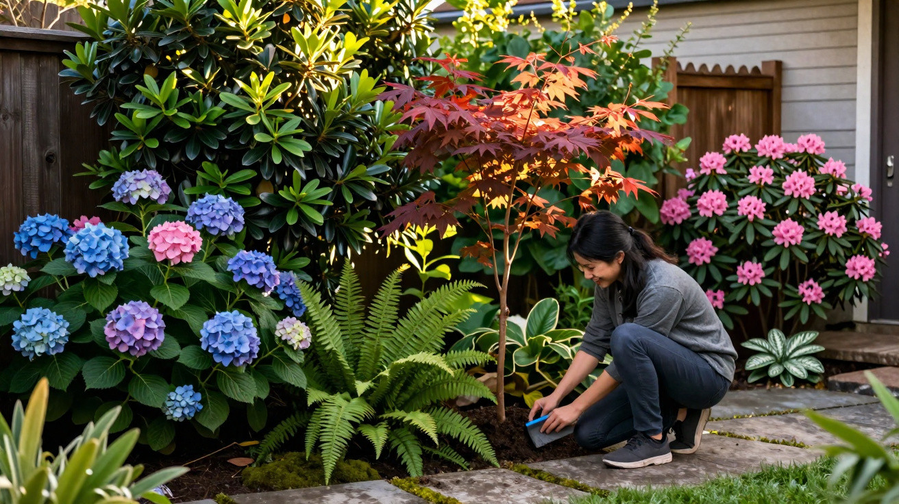 Mulher agachada cuidando do jardim com hortênsias, samambaias e pequenas árvores em quintal.