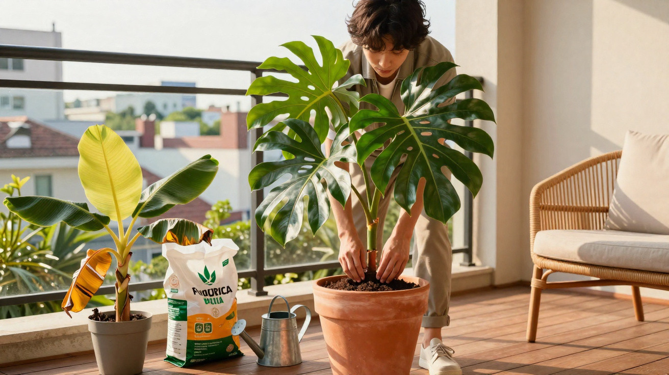 Pessoa cuidando de planta em vaso grande na varanda com sacola de fertilizante e regador ao lado.