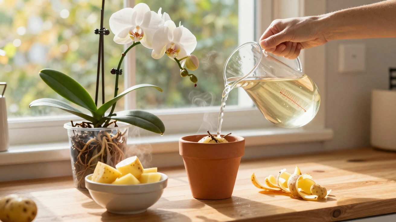 Mão regando vaso com água quente ao lado de orquídea, batatas em cubos e cascas em bancada iluminada.