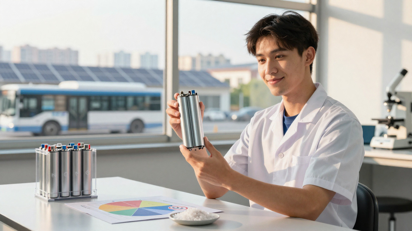 Jovem cientista em laboratório analisando protótipo de bateria em ambiente iluminado com gráfico colorido na mesa.