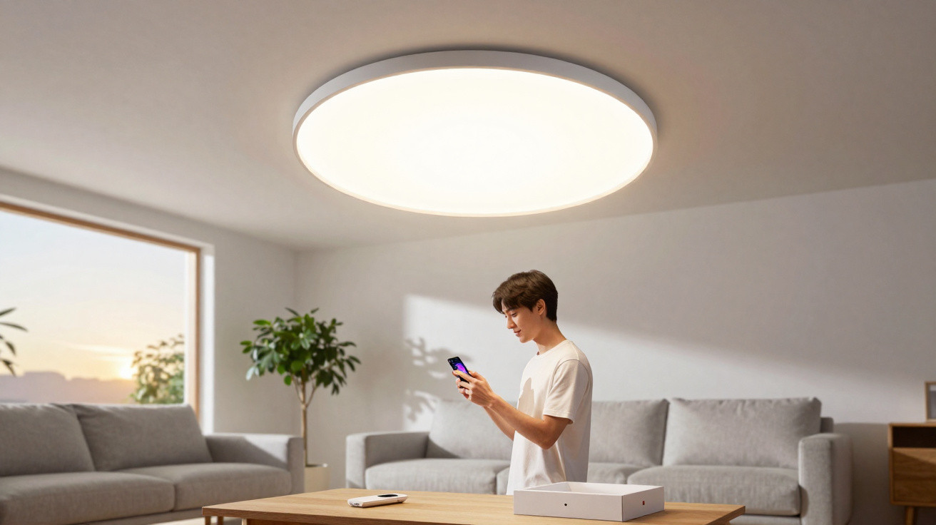 Homem usando celular sob luminária de teto redonda em sala moderna com sofá cinza e mesa de madeira.