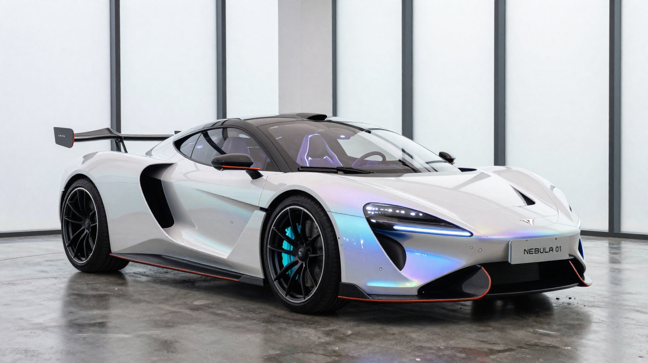 Carro esportivo prata com detalhes em preto e faróis modernos, visto em ambiente interno iluminado.