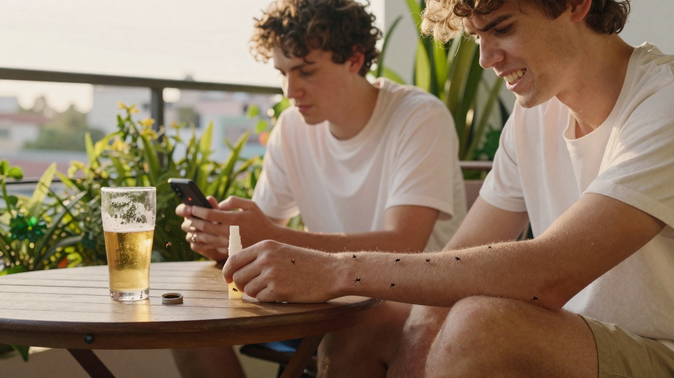 Dois jovens sentados em varanda, um com mosquitos no braço aplicando repelente, outro usando celular, com copo de cerveja na 