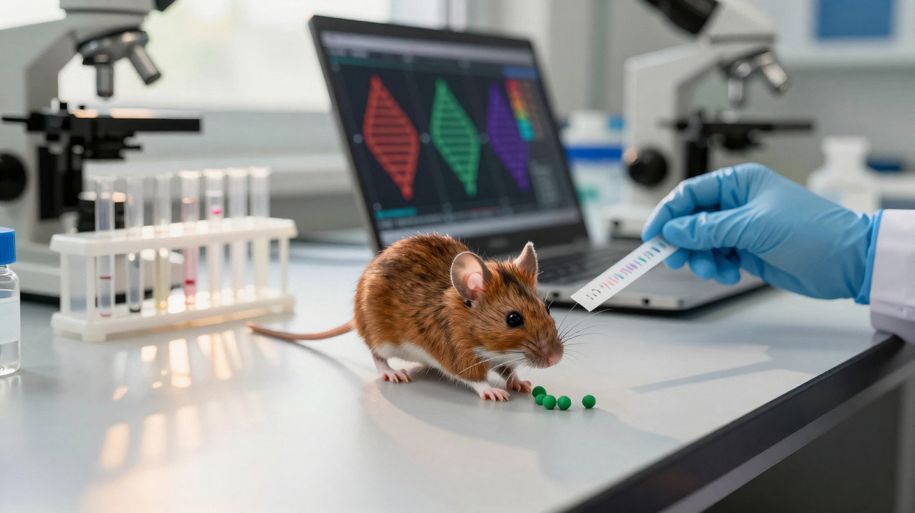 Camundongo em laboratório próximo a cientista com luva segurando tira reagente e computador com DNA ao fundo.