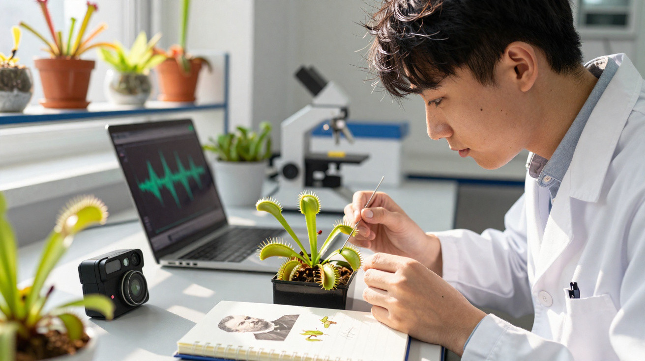 Homem em jaleco branco analisando planta carnívora em laboratório com laptop e microscópio ao fundo.