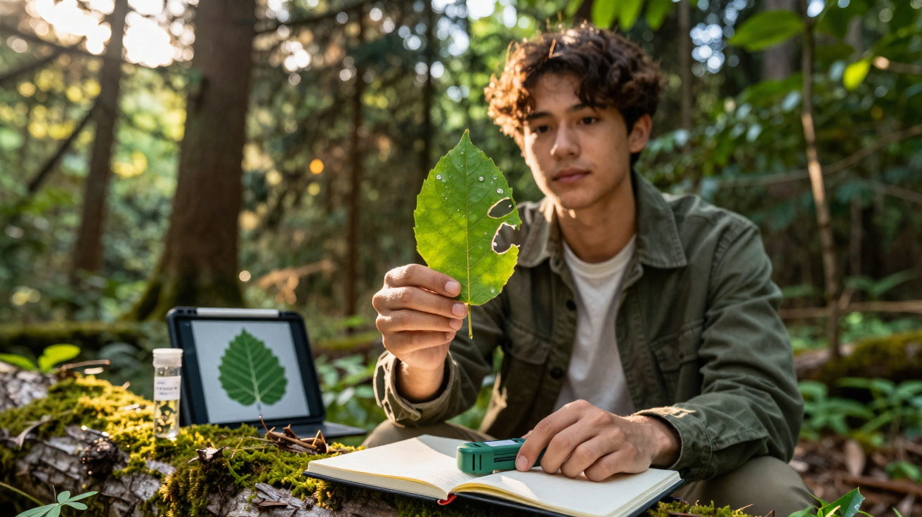Jovem analisando folha com buracos na mata, com caderno, tubo de ensaio e tablet exibindo imagem da folha.