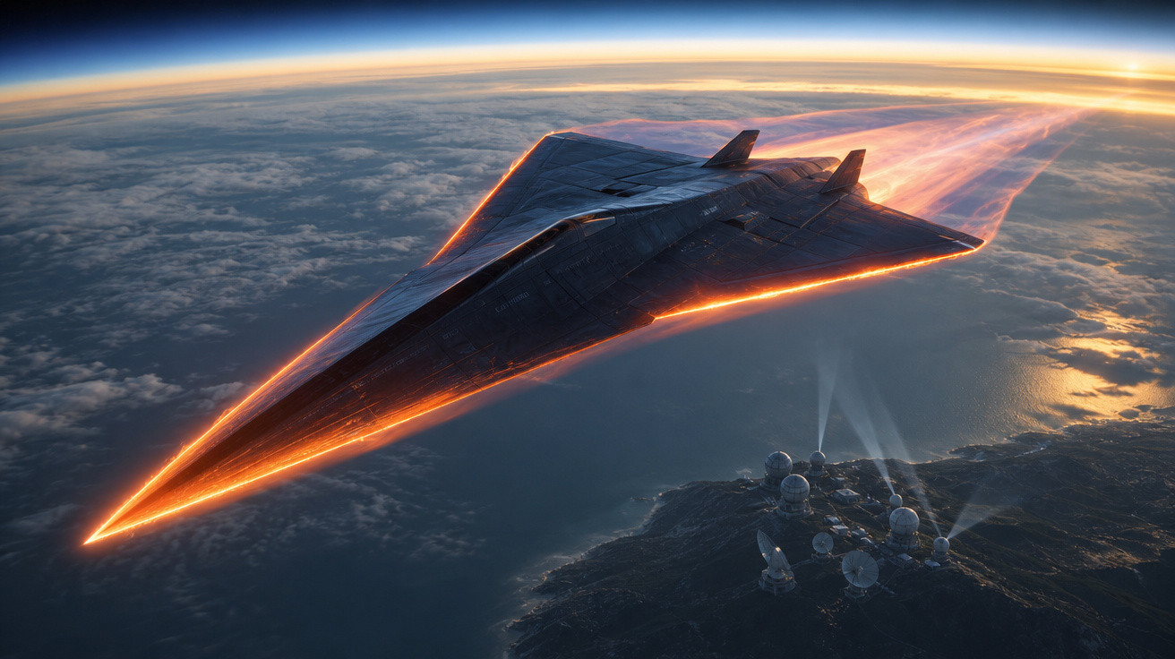Aeronave futurista em alta velocidade sobrevoando a Terra com brilho laranja ao redor.