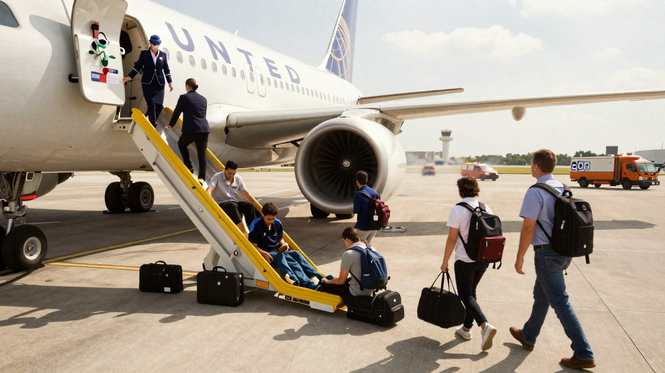 Pessoas embarcando em avião da United Airlines em rampa com escada móvel no aeroporto sob céu claro.