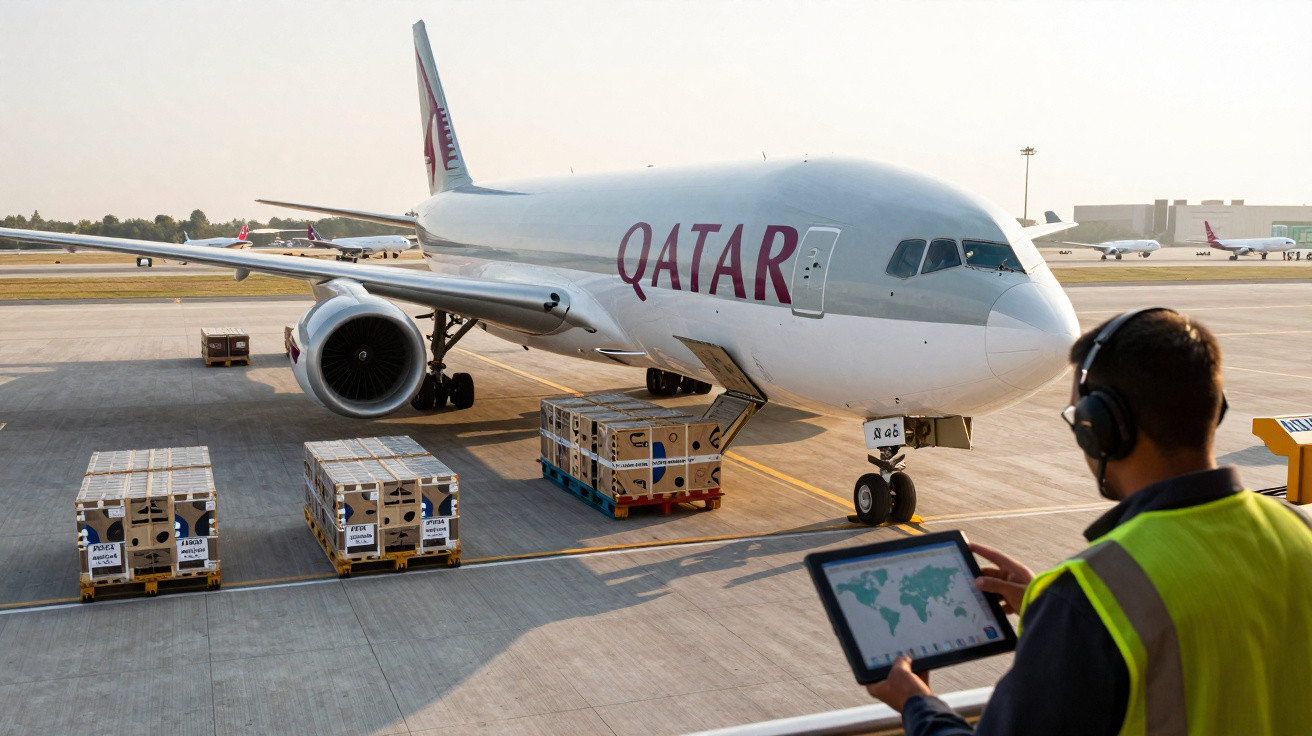 Funcionário com tablet monitora carregamento de cargas próximas a avião da Qatar no aeroporto.