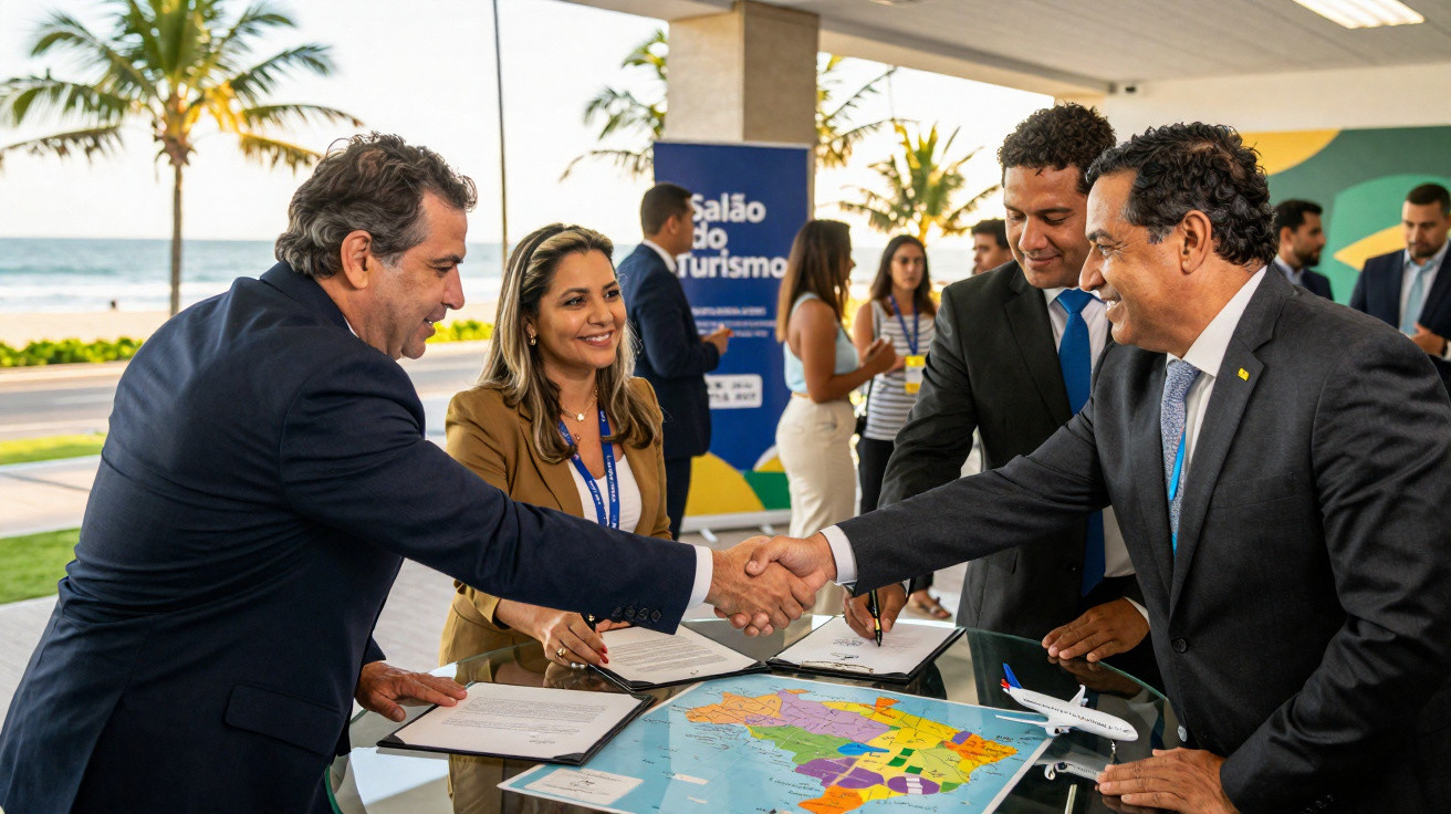 Quatro pessoas em reunião de turismo apertam as mãos sobre mesa com mapa e maquete de avião.