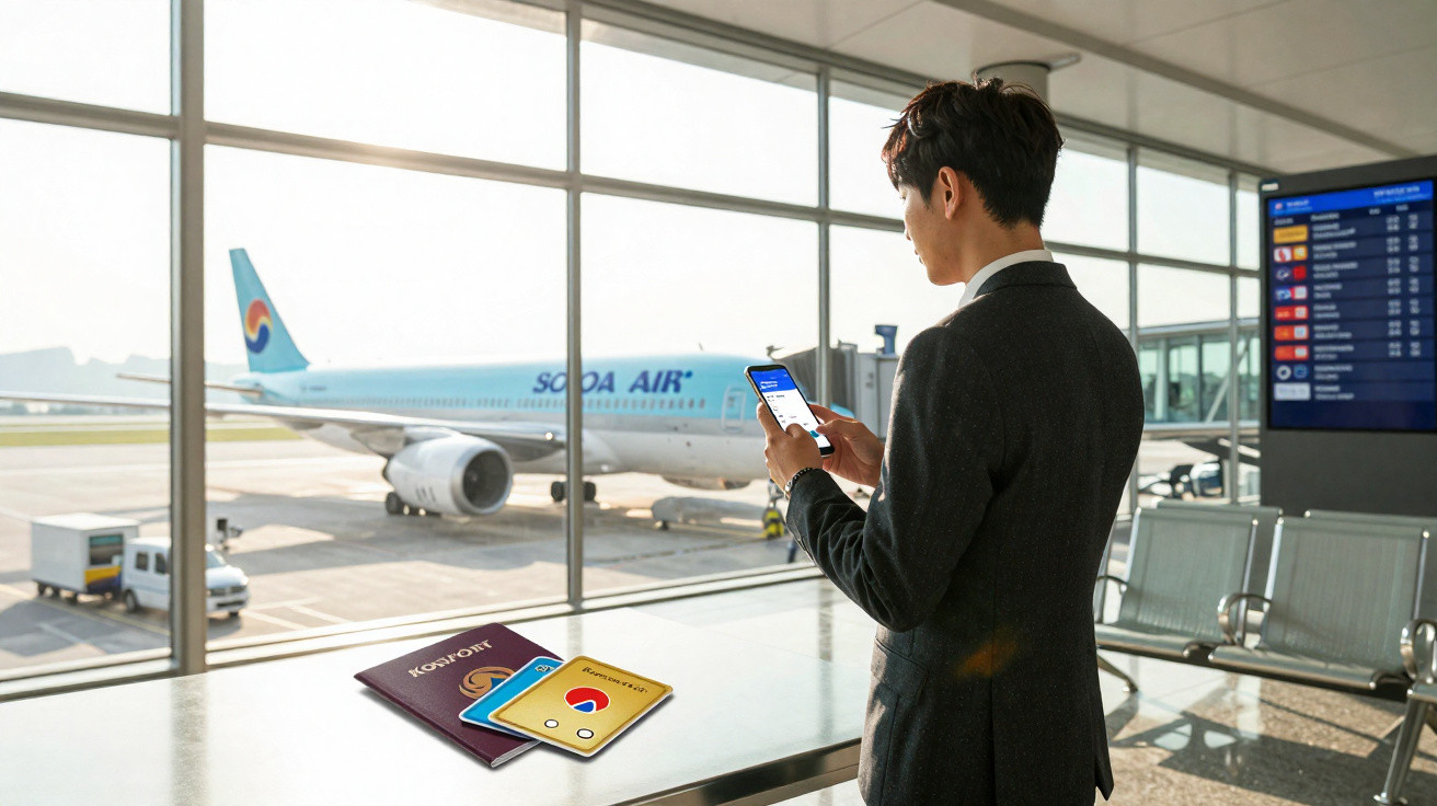 Homem em aeroporto usando celular com avião da Korean Air estacionado ao fundo.