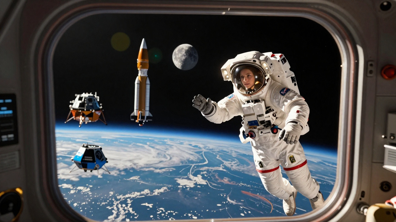Astronauta em traje espacial flutua no espaço com Terra, lua, foguete e módulos espaciais ao fundo.