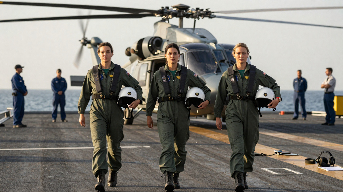 Três mulheres pilotos militares caminhando em convés de porta-aviões com capacetes, helicóptero ao fundo e mar visível.