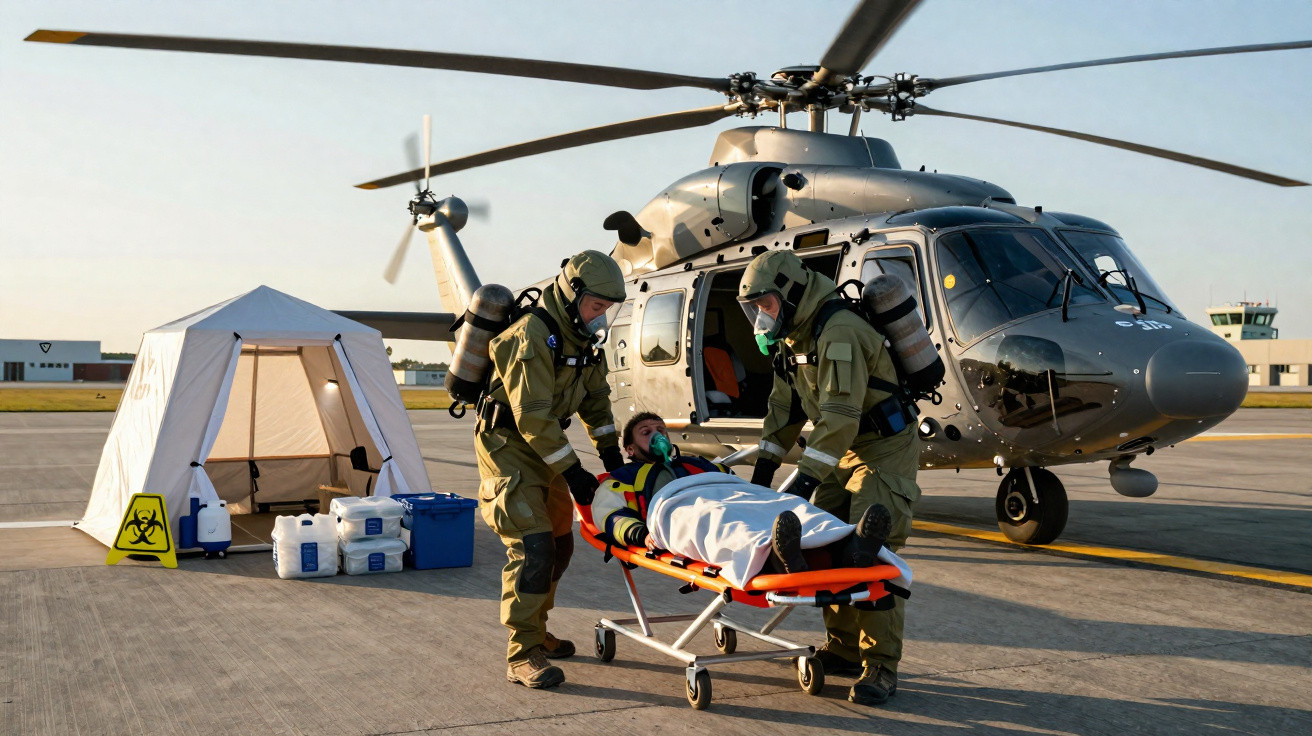 Equipe médica com roupas de proteção com maca e paciente próximo a um helicóptero em área aberta.